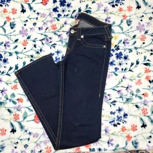 True Religion Dark Denim Flare Jeans w/ Zebra Print Pockets